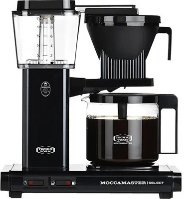 A black Technivorm Moccamaster coffee maker is shown against a white background.