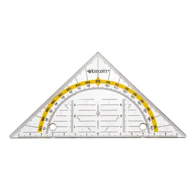 A clear, professional studio shot of a Westcott geodreieck (triangle ruler) on a white background.