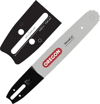 A chainsaw bar and a template for measuring it are shown against a white background.