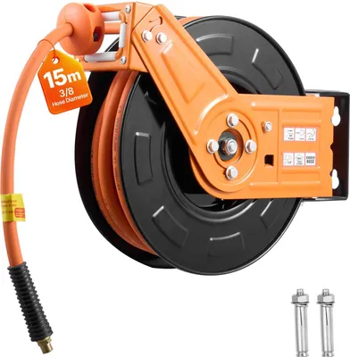 Produktbild von Druckluftschlauchtrommel - Automatischer Schlauchaufroller - Gummischlauch 15 m - Innendurchmesser 9,5 mm - Max. 20 bar - Zuleitung 1 m - Schwenkbare Wand-/Deckenhalterung 180°