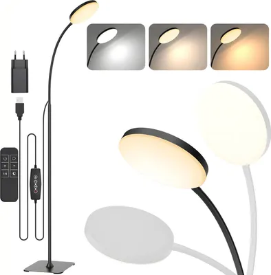 A modern black floor lamp with a circular LED light head, shown with its accessories and different light settings.