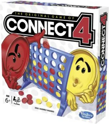 The image shows the box of the Connect 4 board game, with cartoon characters of the game pieces on the front.