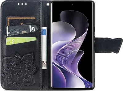 Produktbild von Für Xiaomi Redmi Note 14 Pro Plus 5G Kunstleder Wallet Handy Tasche Schmetterling Design Hülle Etuis Schwarz