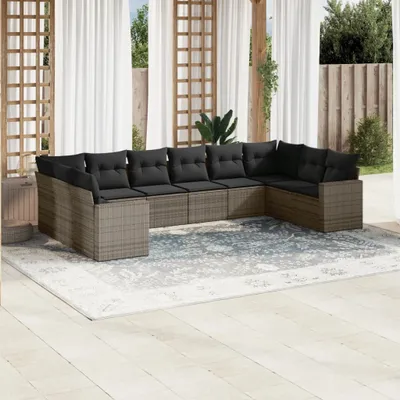 Produktbild von Design 10-tlg. Garten-Sofagarnitur mit Kissen Grau Poly Rattan, Gartensofas 2024 Neu