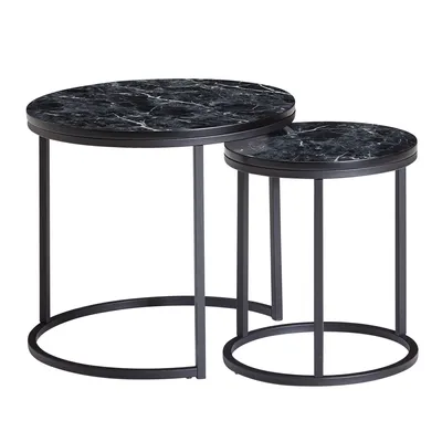 Two nesting tables with marble-patterned tops and black metal frames, displayed against a white background.