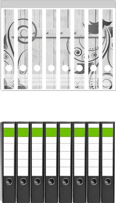 Produktbild von Wallario 8 Stück schmale Ordner inkl. Klebeetiketten mit Motive Graue Holztür mit Schnörkelmuster -  Set mit Rückenschildern / Ordnerrücken Stickern