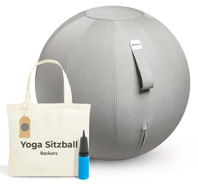 Imagen del producto de Backerz Bckz: Pelota de ejercicios para sentarse, ideal para oficina y hogar, 55 cm. - Pelota de yoga de lujo - Pelota para sentarse con funda - Pelota ergonómica para sillas de oficina - Tejido de lino, color gris claro