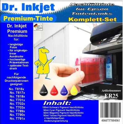 Produktbild von ER25 - Dr. Inkjet Komplett 250ml Set Premium Pigmentierte Nachfülltinte - Alles drin Packung -