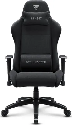 A black gaming chair is shown from the front against a white background.