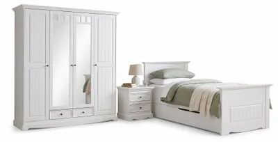 Produktbild von Schlafzimmer-Set Belluno Elegante 4-teilig 90x200cm Massivholz Ausführung wählbar Kiefer weiß lackiert,Kleiderschrank mit Spiegel