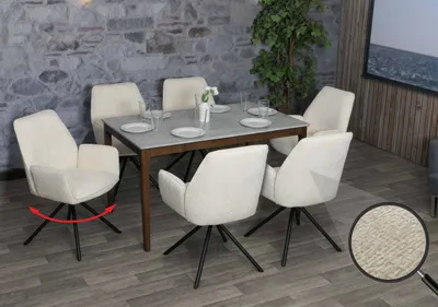 Produktbild von 6er-Set Esszimmerstuhl HWC-G67, Küchenstuhl Stuhl mit Armlehne, drehbar Auto-Position, Chenille    creme