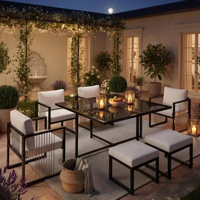 Produktbild von Flieks Gartenlounge-Set 6 Sitzer, Gartenmöbelset Balkonmöbelset 7-tlg., Terassenmöbel aus Seil, Gartenstuhl mit Hocker und Gartentisch, Weiß Schwarz
