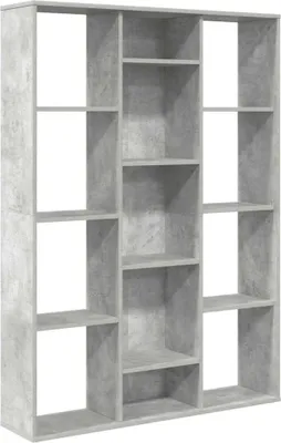 A freestanding bookshelf with multiple compartments against a white background.