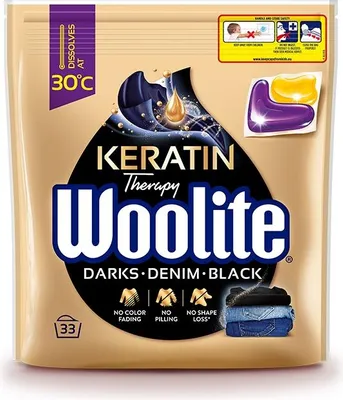 Zdjęcie produktu dla Woolite Żelowe kapsułki do prania z keratyną czerń, ciemne kolory & jeans 33 szt