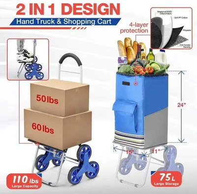 Produktbild von Unyqoos® 2‑in‑1 Einkaufstrolley & Sackkarre, faltbar – 75 L Tasche, Tragkraft 50 kg, Treppensteiger mit 3 großen geräuscharmen Gummirädern (31 cm), verstellbare Spanngurte