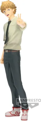 A full-body shot of an anime figure of Denji from Chainsaw Man, standing and making a peace sign.