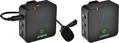 Obrázek produktu pro Andoer MX5 2.4G bezdrátový nahrávací mikrofonní systém s přijímačem vysílače s připojitelným lavalier mikrofonem 50M efektivní dosah vestavěná dobíjecí baterie pro chytrý telefon DSLR fotoaparát DV Vlog Video nahrávání rozhovoru