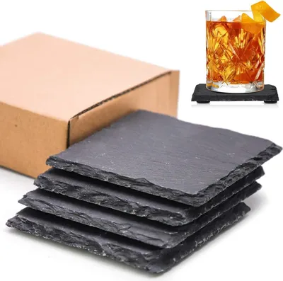 Produktbild von Schiefer Getränkeuntersetzer - Gravierbare Untersetzer - 4 Stück - Schwarz - Natürlicher Schiefer - 10 cm