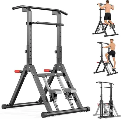 Imagen del producto de Torre de ejercicios multifuncional 2 en 1 con escalón y barras para flexiones, con altura ajustable, estructura triangular estable, construcción de acero resistente, capacidad de carga de hasta 150 kg, equipo de fitness multifuncional y que ocupa poco espacio