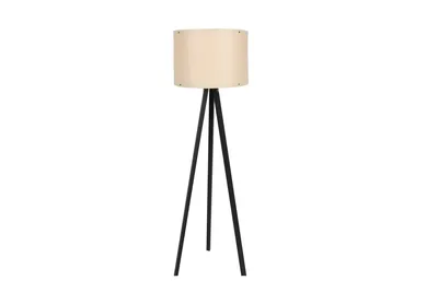 A floor lamp with a cream-colored shade and a black tripod base, isolated on a white background.