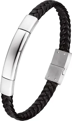 Produktbild von Karisma Männer Schwarzes Lederarmband Edelstahl Platte Ideal zum Eingravieren Magnet Verschluss BLQ231 - Silber