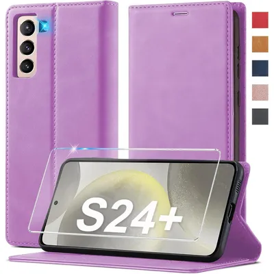 Obrázek produktu pro Pouzdro na mobil Samsung Galaxy S24 Plus, kožené, skládací, s ochrannou fólií, fialové barvy