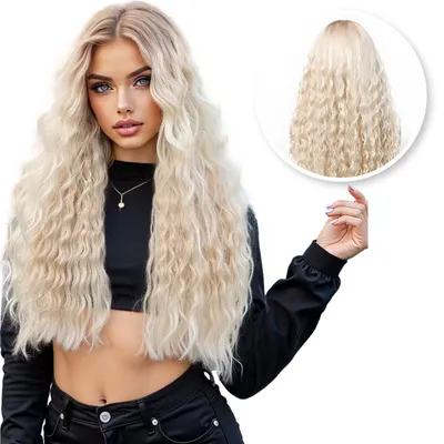 Produktbild von SassyGoods Luxe Blonde Perücke Blond Front Lace Wig Locken – Damenperücke mit langem Haar – Haarersatz – Waschbar – 70 cm
