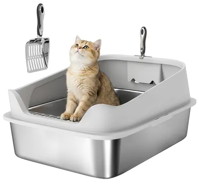 Produktbild von Katzentoilette Edelstahl Offene Katzenklo mit Schaufel hohem Rand für große Katzen bis 12 kg 69,8 x 50,3 x 29,8 cm Grau