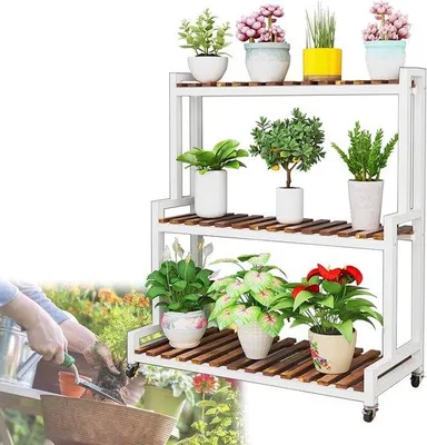 Produktbild von Pflanzenständer Blumenregal mit 3 Ebenen, Stahlrahmen, Rollen, 80 cm, Weiß