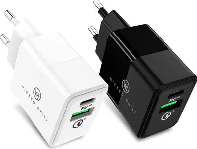 Two USB power adapters, one white and one black, are shown side-by-side against a white background.