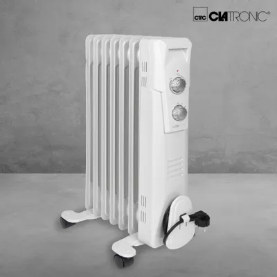 A white Clatronic oil radiator is shown against a textured gray background.
