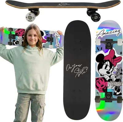 Produktbild von DISNEY Minnie Mouse HOLO Holz Skateboard für Jugendliche, 79 cm, rutschfestes Deck, bis 100 kg