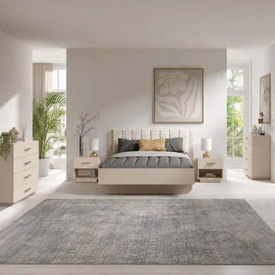 Produktbild von Schlafzimmer-Set mit 180x200 cm Bett inkl. Lattenrost & Bettkasten, modern in Beige, 5-teilig - LOUSADA-166