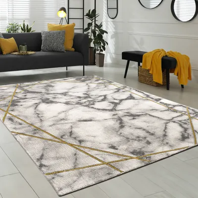 Produktbild von Teppich Wohnzimmer Kurzflor Modernes Abstraktes Muster Marmor Optik Grau Gold Grösse 120x170 cm
