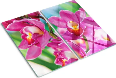 Produktbild von Glasplatte zum Schutz der Kochfläche – Abdeckung für die Kochplatte – Abdeckung für die Induktionskochplatte – 2 Stück, 30x52 cm – Einfache Reinigung – Gehärtetes Glas – Rosa Orchideen