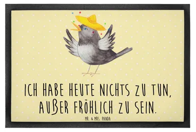 Produktbild von Mr. & Mrs. Panda Fußabstreifer Rabe Sombrero 50 x 75 cm - Gelb Pastell - Geschenk, Spruch Positiv, Schmutzfangmatte, Vögel, Lustige Sprüche, fußmatte, Schmutzmatte, Vogel