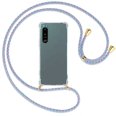 Produktbild von Handykette Backcover-Schutzhülle mit Band (Metall goldfarben) für Sony Xperia 5 IV (6.1'') - pink/mint