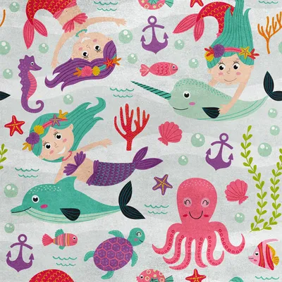 Obrázok produktu pre Kráľovská zamatová látka polyester na šitie - motív morských panien