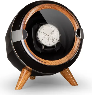 A watch winder with a watch inside, displayed on a white background.