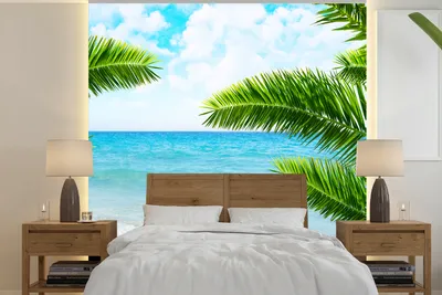 Produktbild von MuchoWow® Fototapete für Wohnzimmer oder Schlafzimmer Wandtapete Vinyl Motivtapete Tropisch - Palme - Strand - 240x240 cm - Schlafzimmer-Tapete