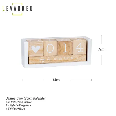 A wooden countdown calendar with blocks displaying numbers and a heart symbol, set against a white background. Dimensions are indicated.