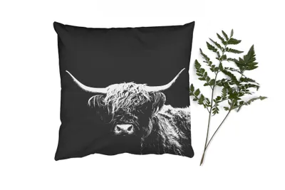 Produktbild von MuchoWow® Zierkissen Sofakissen Wohnzimmer Dekokissen 40x40 cm Schottisches Hochlandrind - Kuh - Schwarz - Weiß - Tiere - Foto Kissen - Schlafzimmer Dekoration