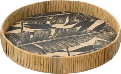 Produktbild von Dekoratives Tablett rund 35x5cm Rattan Naturfarben Blätterprint