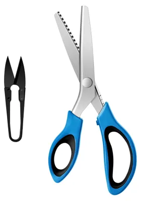 Produktbild von Zackenschere Stoff, Professionelles Zickzackschere Set inkl. Gezackte Schere + Fadenschneider, Schneiderschere Stoffschere zum Schneiden von Stoff (Blau und schwarz)