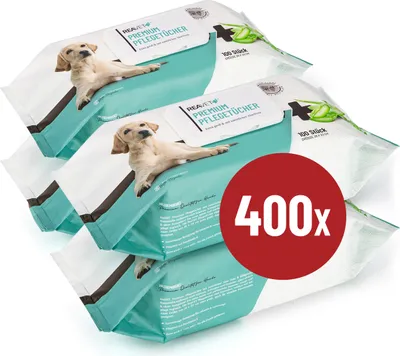 Produktbild von REAVET Pflegetücher Hund, 4 x 100 Stück, XXL Feuchttücher Hund, Pflegetücher Hunde, Feuchttücher Hund Po, extra große hypoallergene & reißfeste Reinigungstücher Hund Pfoten Augen Hundeohren