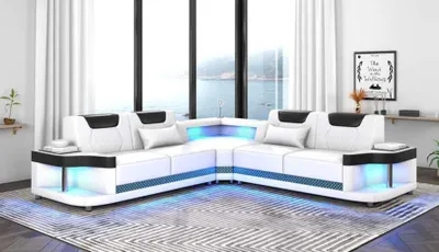Produktbild von Couch Weiß Ecksofa Ledersofa L Form Sofa Moderne Eckgarnitur LED