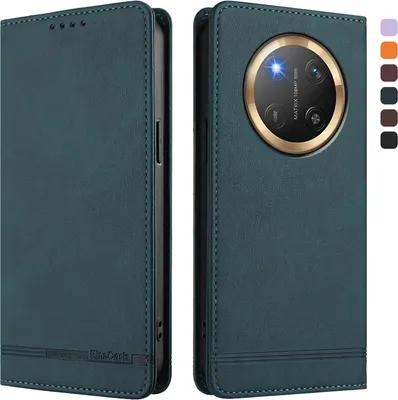 A teal flip-style phone case is shown from two angles, with a close-up of the camera cutout and a color swatch on the right.