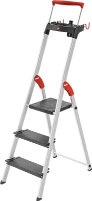 Produktbild von Hailo L100 Topline Alu-Sicherheits-Stehleiter - 3 XXL-Stufen bis 150 kg - Stehleiter mit ausziehbarem Haltebügel, Plattformverriegelung - viel Zubehör - klappbare Aluleiter  Germany - schwarz