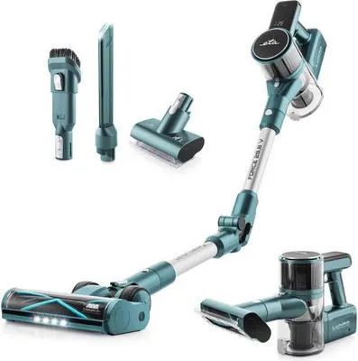 A cordless vacuum cleaner and its accessories are displayed against a white background.