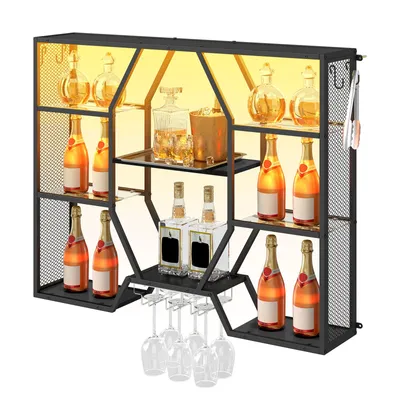 Produktbild von Puluomis Wandregal RGB LED mit Musik Modus 100x80cm, Weinregal mit Anti-Kipp, gehärtete Glasablagen, Weinglashalter & S-Haken, App-Steuerung schwarz